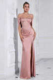 Sparkly Grey Pink Sheath Ruched Long Formal Dress with Slit