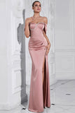 Sparkly Grey Pink Sheath Ruched Long Formal Dress with Slit