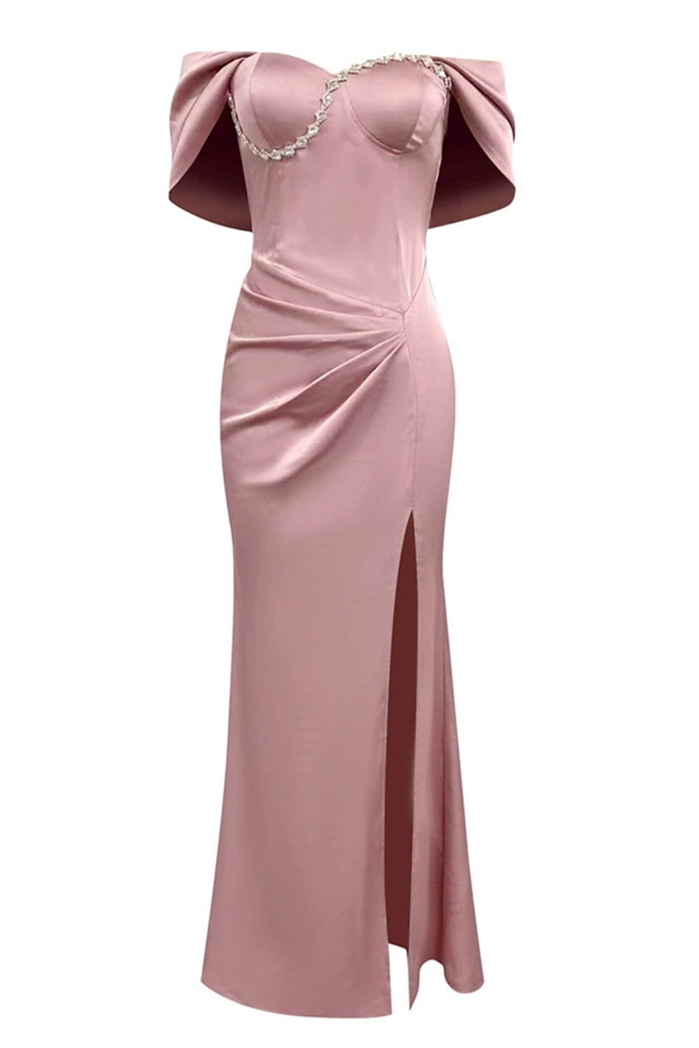 Sparkly Grey Pink Sheath Ruched Long Formal Dress with Slit