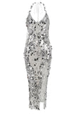 Sparkly Silver Sheath Halter V Neck Sequins Short Cocktail Dress