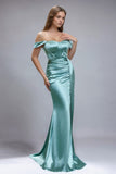 Green Mermaid Off The Shoulder Satin Long Formal Dress with Slit
