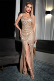 Sparkly Champagne Sheath Spaghetti Straps Long Formal Dress with Slit