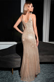 Sparkly Champagne Sheath Spaghetti Straps Long Formal Dress with Slit