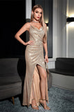 Sparkly Champagne Sheath Spaghetti Straps Long Formal Dress with Slit