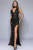 Sparkly Black Sequins Halter Mermaid Long Formal Dress with Slit