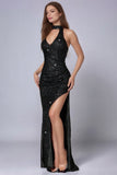 Sparkly Black Sequins Halter Mermaid Long Formal Dress with Slit