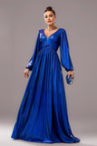 Royal Blue A Line V Neck Long Sleeves Pleated Long Formal Dress