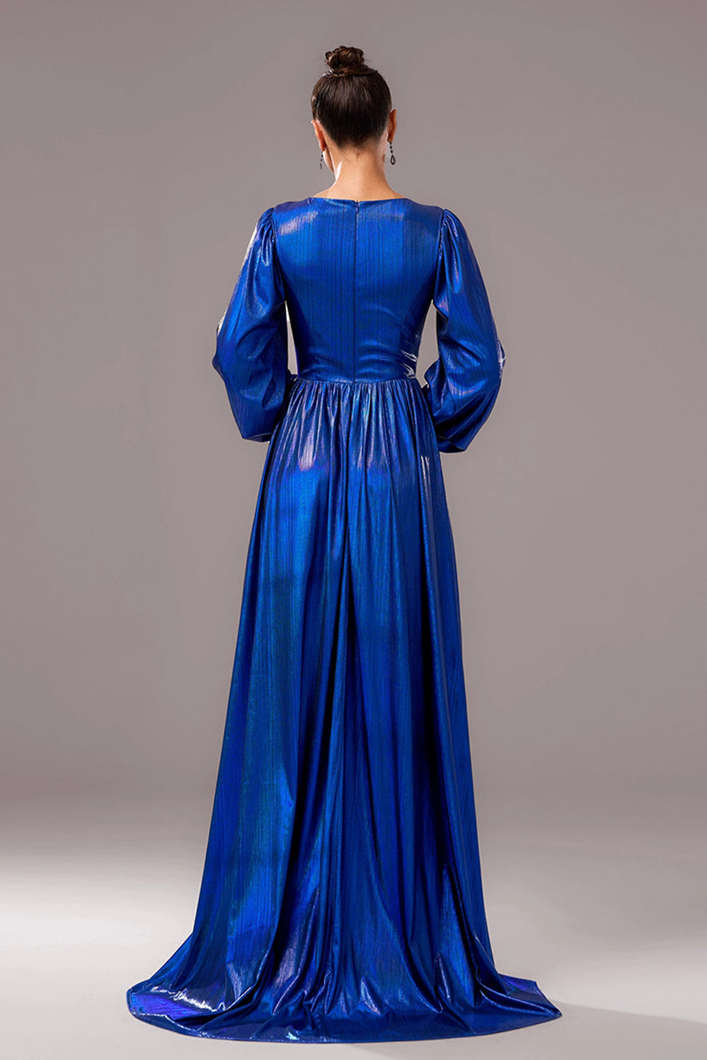 Royal Blue A Line V Neck Long Sleeves Pleated Long Formal Dress