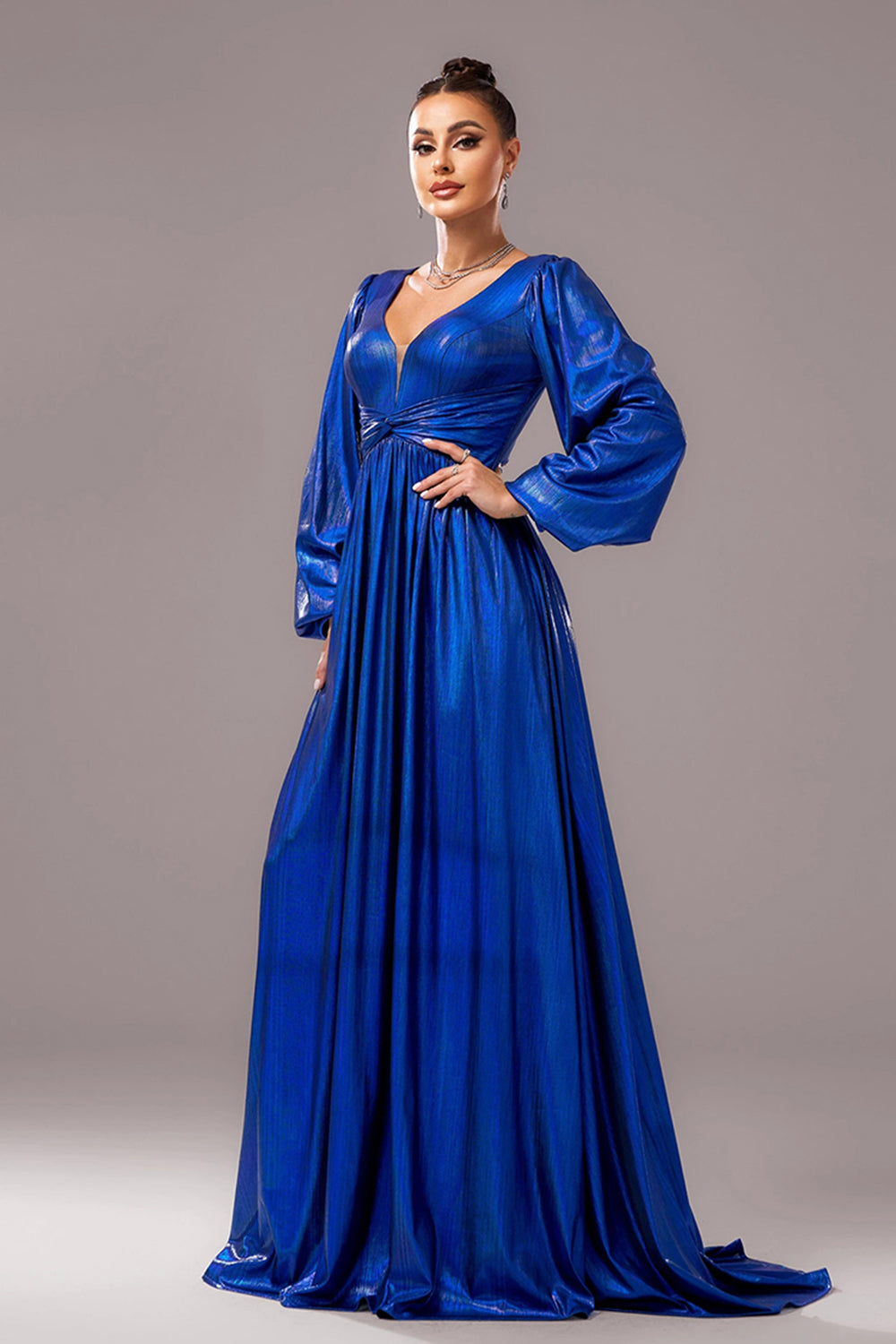 Royal Blue A Line V Neck Long Sleeves Pleated Long Formal Dress