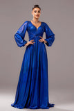 Royal Blue A Line V Neck Long Sleeves Pleated Long Formal Dress