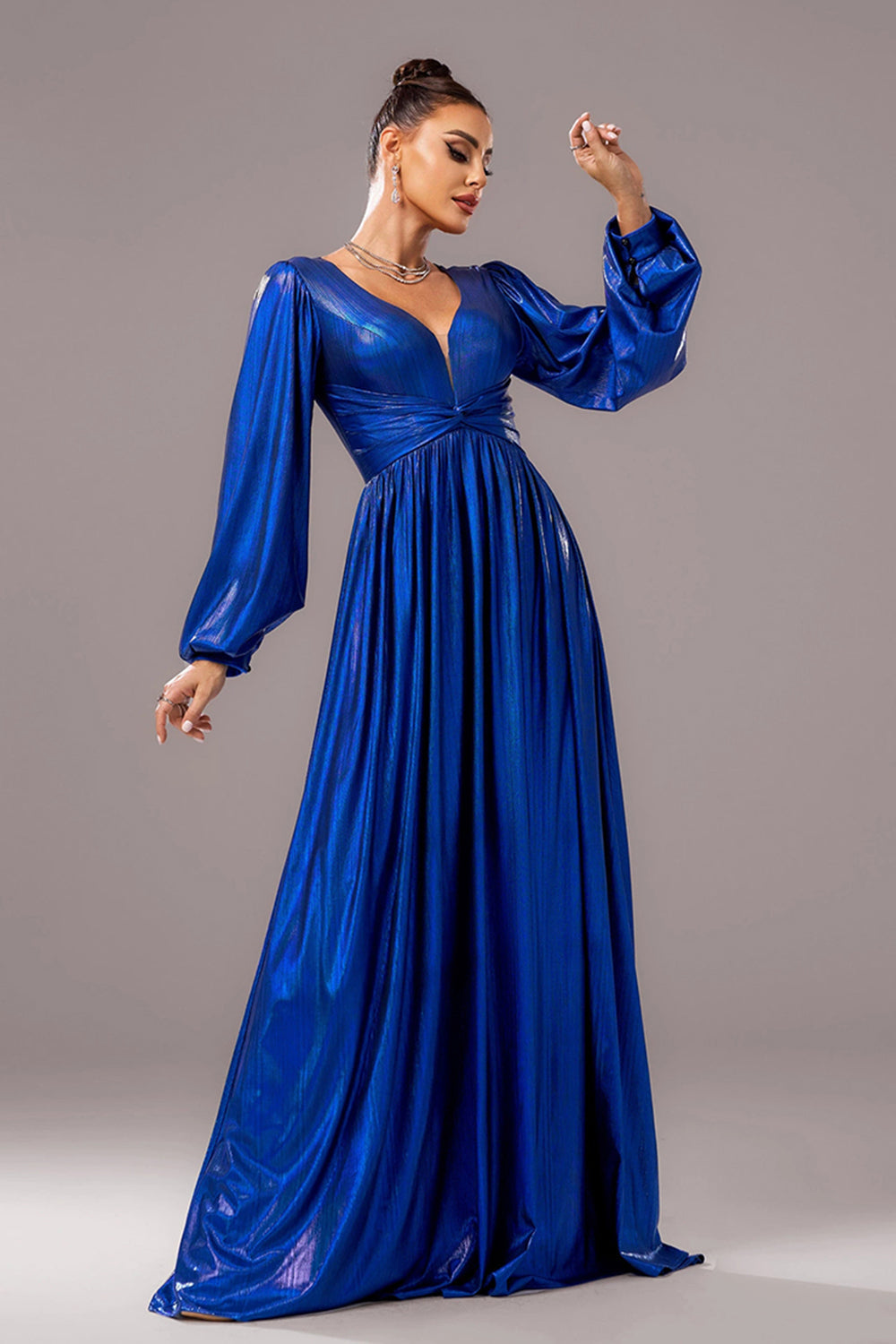 Royal Blue A Line V Neck Long Sleeves Pleated Long Formal Dress