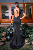 Black V Neck Short Sleeves Sheath Long Formal Dress with Slit