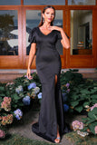 Black V Neck Short Sleeves Sheath Long Formal Dress with Slit