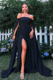 Elegant Black Off The Shoulder Long Formal Dress with Flowing Cape Sleeves
