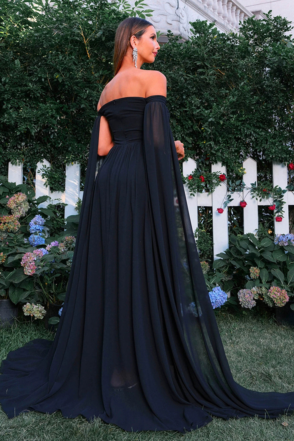 Elegant Black Off The Shoulder Long Formal Dress with Flowing Cape Sleeves