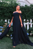 Elegant Black Off The Shoulder Long Formal Dress with Flowing Cape Sleeves