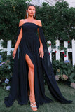 Elegant Black Off The Shoulder Long Formal Dress with Flowing Cape Sleeves