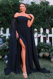 Elegant Black Off The Shoulder Long Formal Dress with Flowing Cape Sleeves