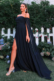 Elegant Black Off The Shoulder Long Formal Dress with Flowing Cape Sleeves