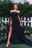 Elegant Black Off The Shoulder Long Formal Dress with Flowing Cape Sleeves