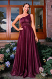 Sparkly Burgundy One Shoulder A Line Ruched Long Formal Dress