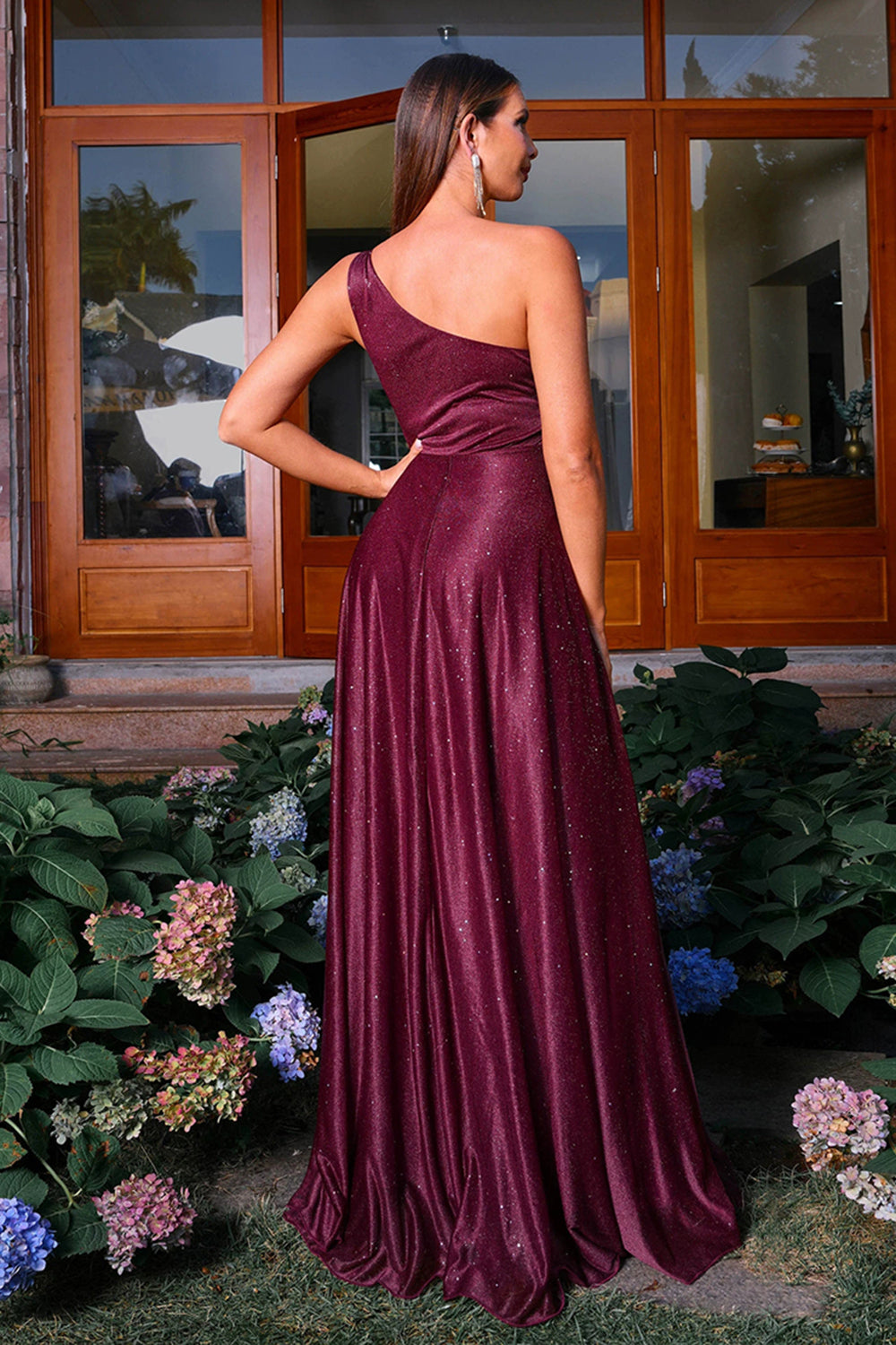 Sparkly Burgundy One Shoulder A Line Ruched Long Formal Dress