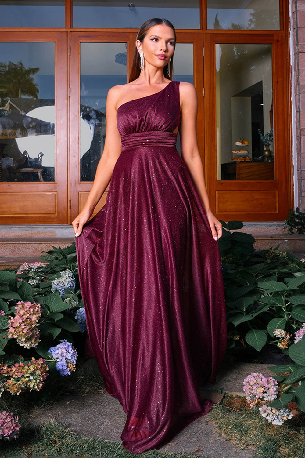 Sparkly Burgundy One Shoulder A Line Ruched Long Formal Dress