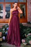 Sparkly Burgundy One Shoulder A Line Ruched Long Formal Dress