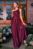 Sparkly Burgundy One Shoulder A Line Ruched Long Formal Dress