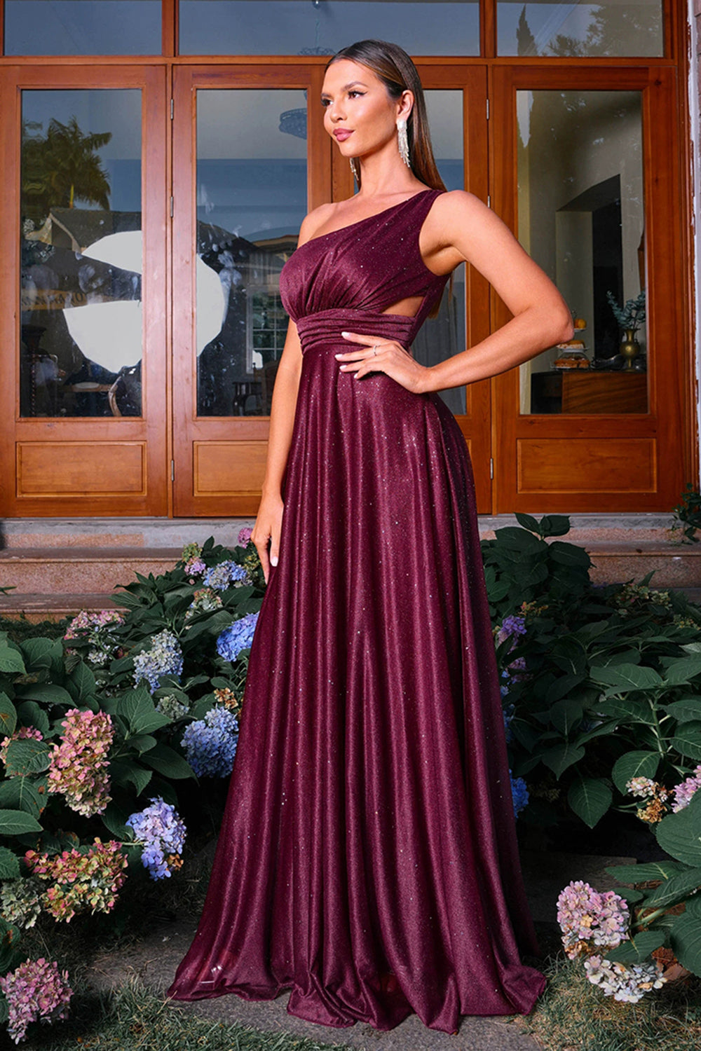 Sparkly Burgundy One Shoulder A Line Ruched Long Formal Dress