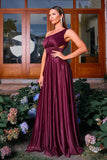 Sparkly Burgundy One Shoulder A Line Ruched Long Formal Dress