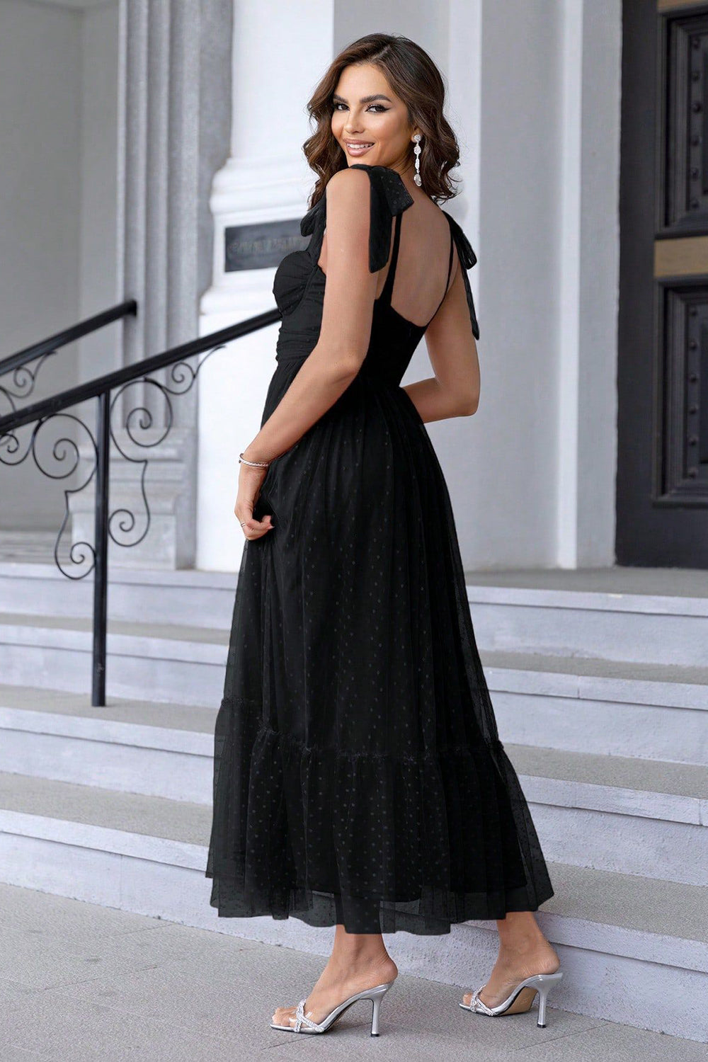 A Line Pleated Bow Spaghetti Straps Black Long Bridesmaid Dress