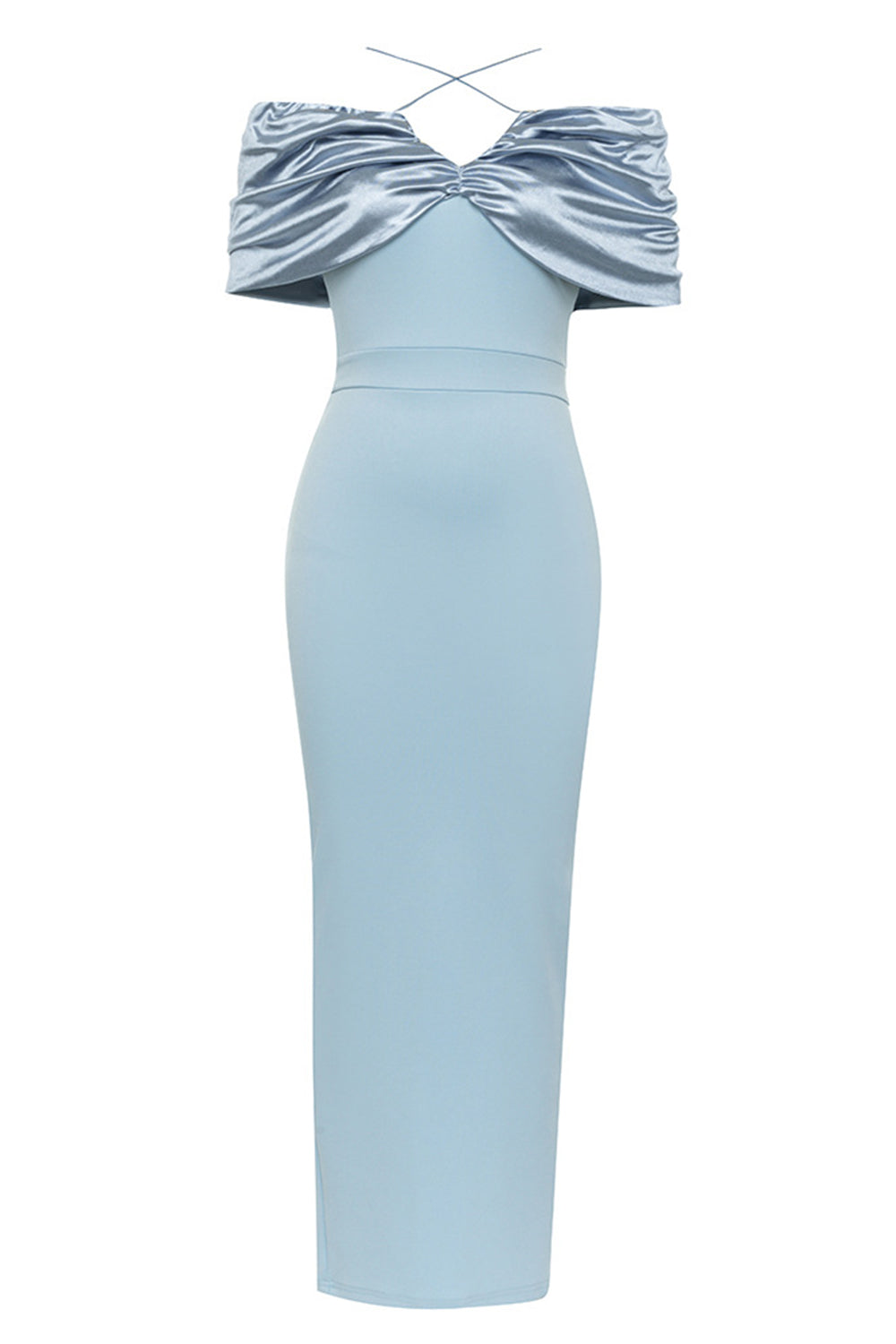 Mermaid Light Blue Off The Shoulder Ruched Satin Long Bridesmaid Dress