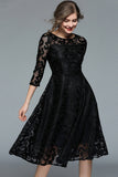 Peacock Blue Lace A-Line Round Neck Midi Mother of the Bride Dress with Sleeves