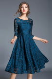 Peacock Blue Lace A-Line Round Neck Midi Mother of the Bride Dress with Sleeves