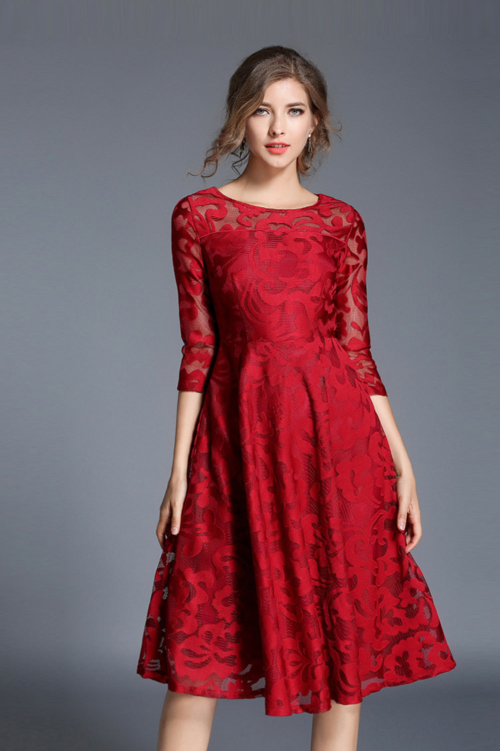 Peacock Blue Lace A-Line Round Neck Midi Mother of the Bride Dress with Sleeves