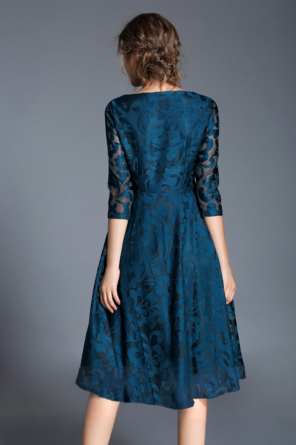 Peacock Blue Lace A-Line Round Neck Midi Mother of the Bride Dress with Sleeves