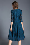 Peacock Blue Lace A-Line Round Neck Midi Mother of the Bride Dress with Sleeves