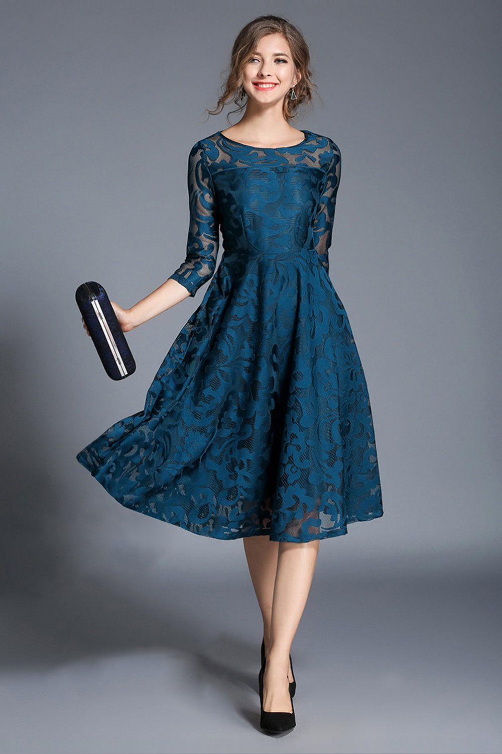 Peacock Blue Lace A-Line Round Neck Midi Mother of the Bride Dress with Sleeves