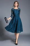 Peacock Blue Lace A-Line Round Neck Midi Mother of the Bride Dress with Sleeves