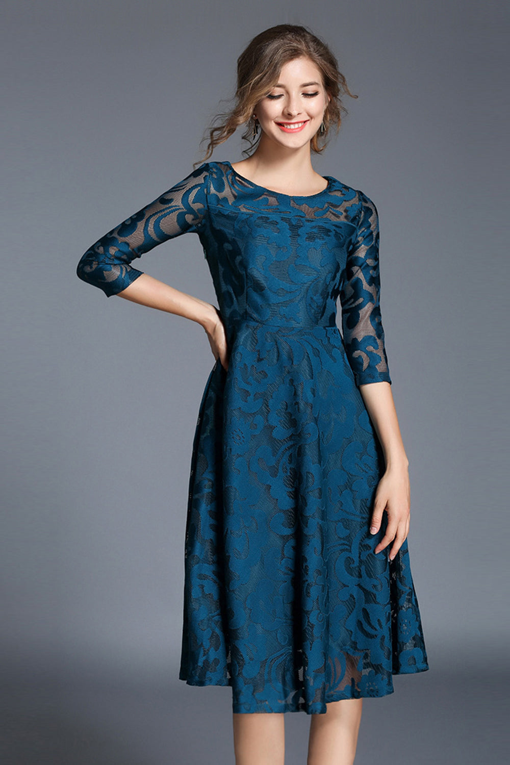 Peacock Blue Lace A-Line Round Neck Midi Mother of the Bride Dress with Sleeves