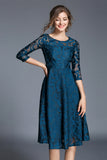 Peacock Blue Lace A-Line Round Neck Midi Mother of the Bride Dress with Sleeves