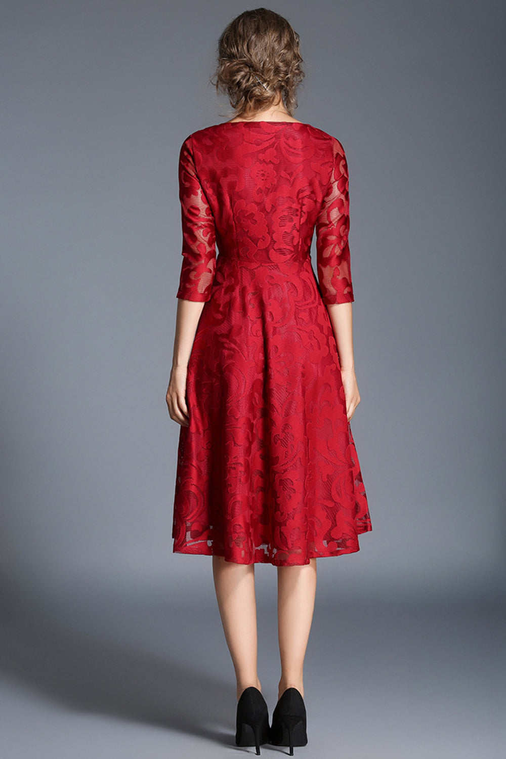 Peacock Blue Lace A-Line Round Neck Midi Mother of the Bride Dress with Sleeves