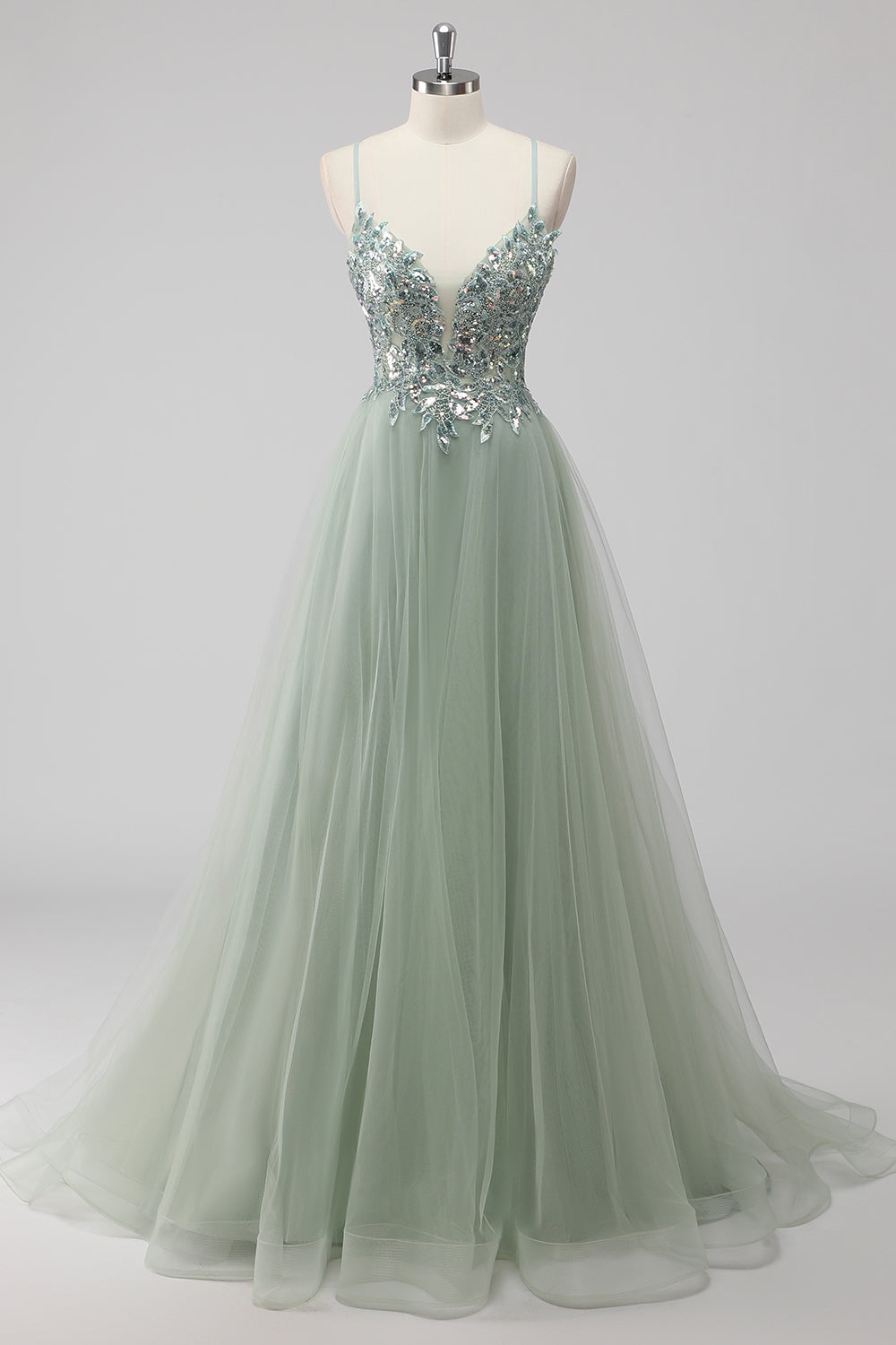 Green Tulle Sequin Long Ball Gown Prom Dress with Lace Up Back