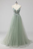Green Tulle Sequin Long Ball Gown Prom Dress with Lace Up Back