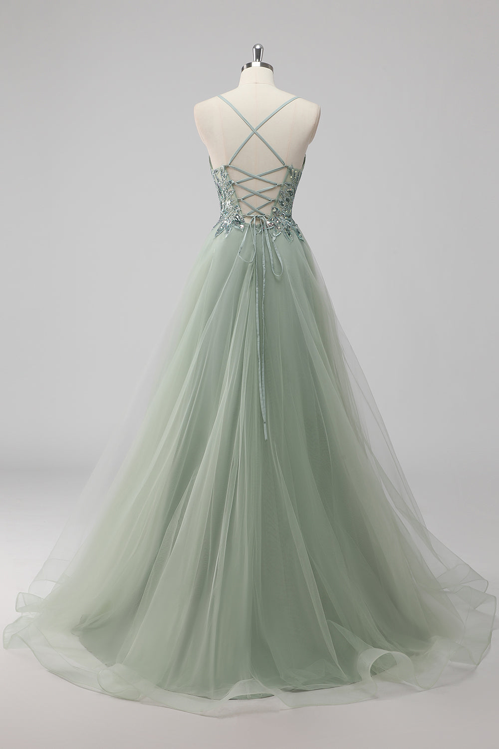 Green Tulle Sequin Long Ball Gown Prom Dress with Lace Up Back
