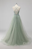 Green Tulle Sequin Long Ball Gown Prom Dress with Lace Up Back