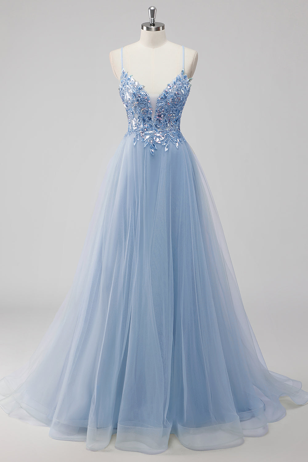 Green Tulle Sequin Long Ball Gown Prom Dress with Lace Up Back