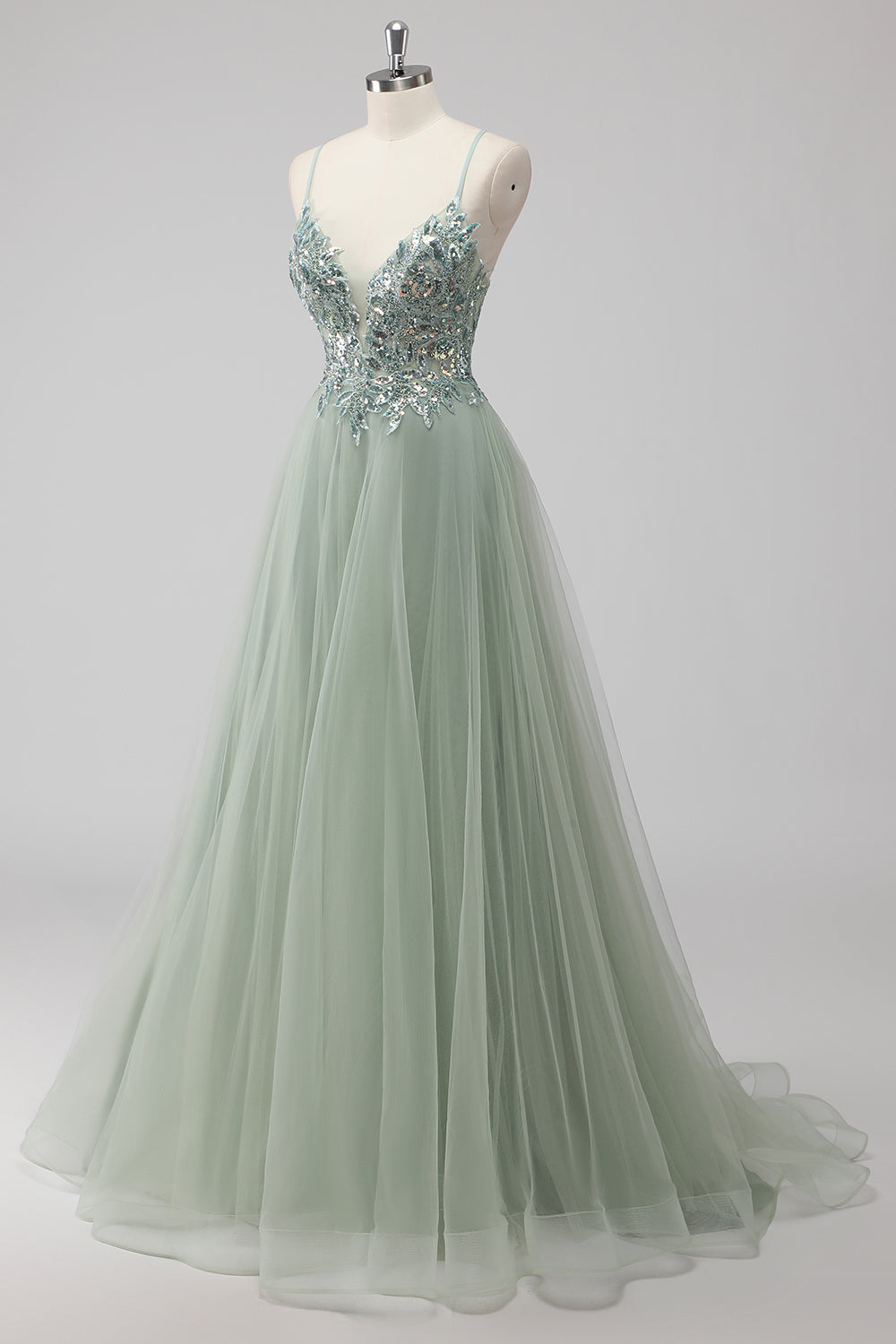 Green Tulle Sequin Long Ball Gown Prom Dress with Lace Up Back