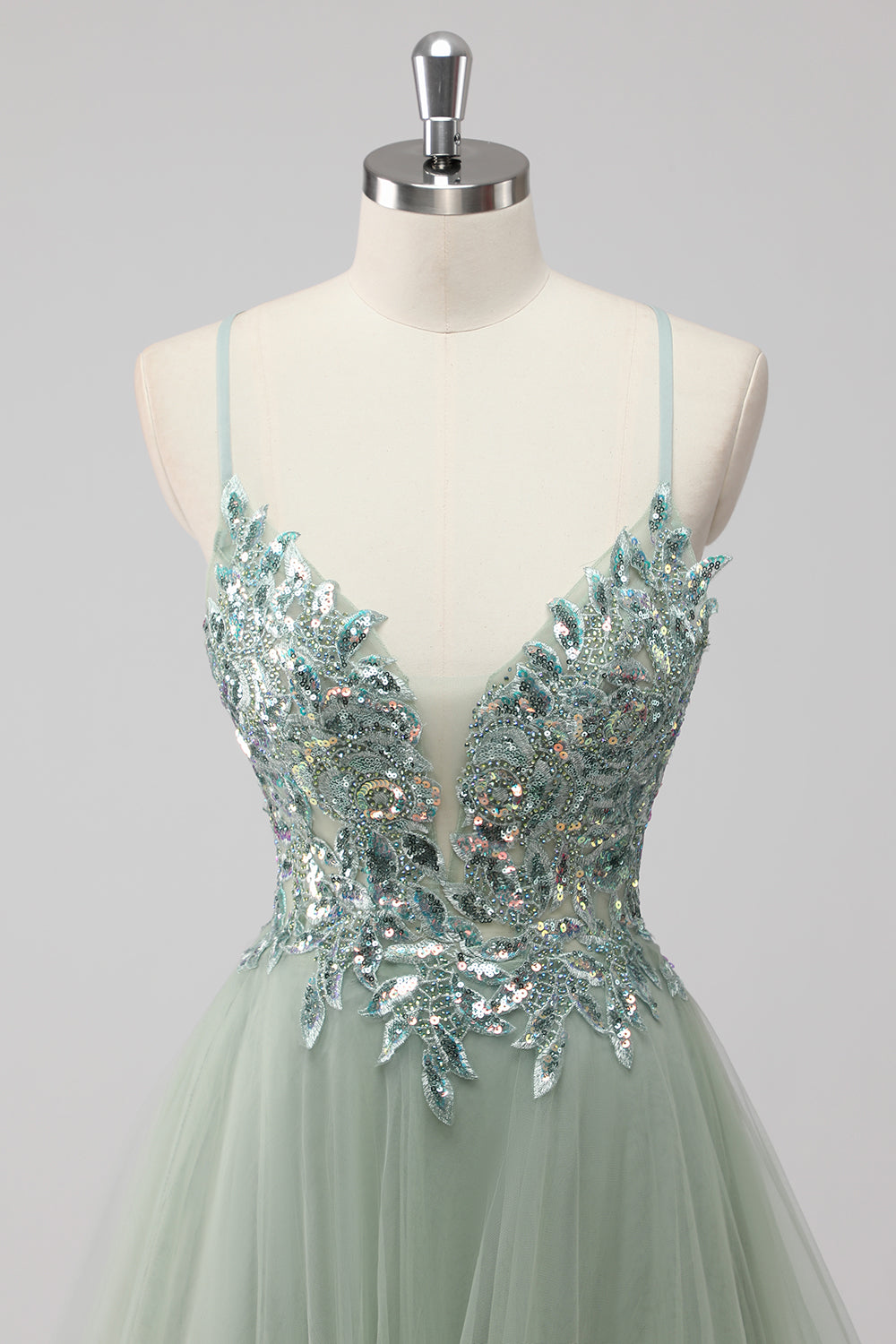 Green Tulle Sequin Long Ball Gown Prom Dress with Lace Up Back